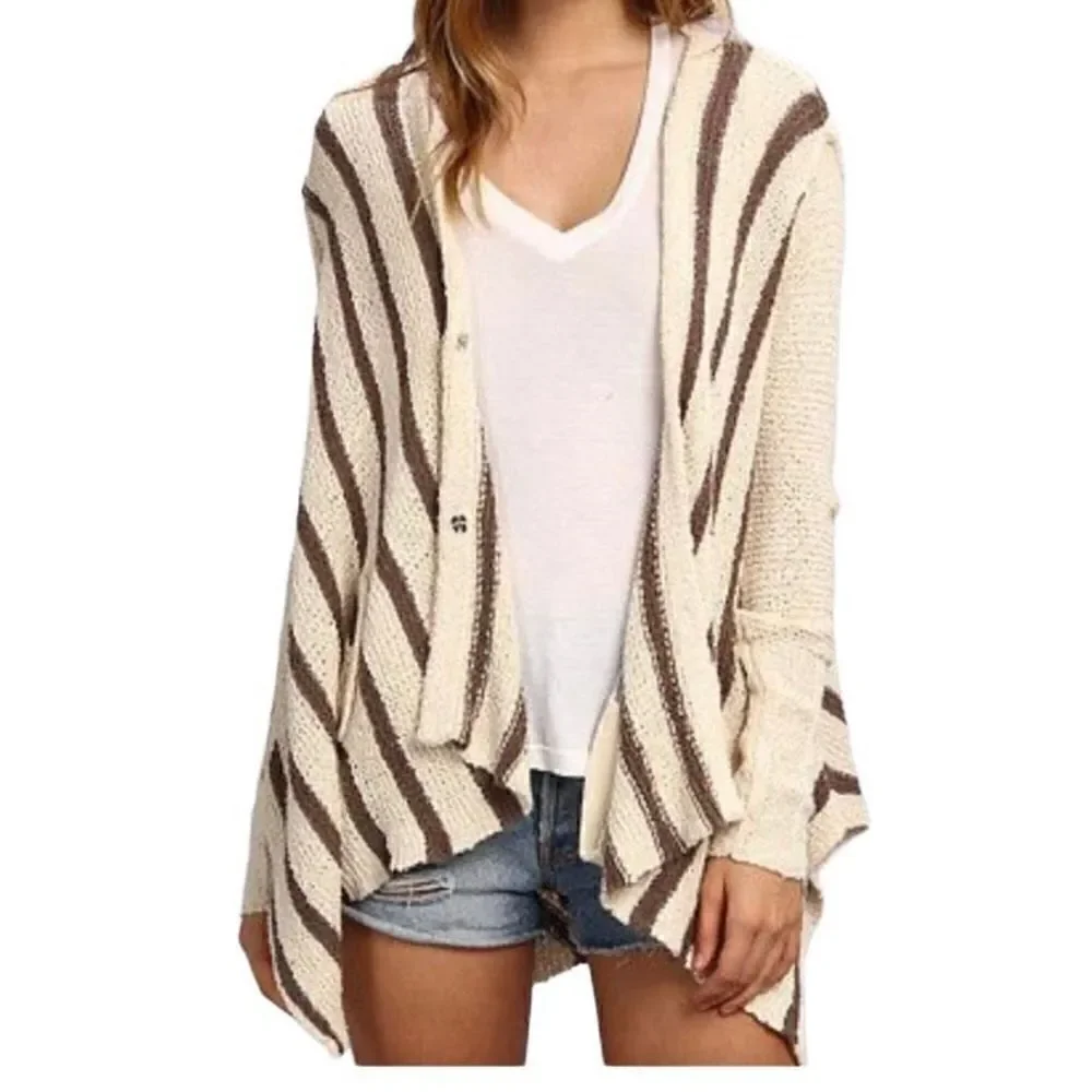 Free People‎ Circle Back Striped Cardigan Sweater Asymmetrical Hem Medium